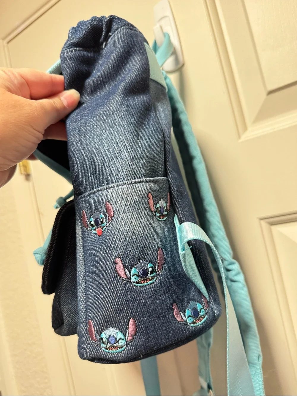 Disney Loungefly Stitch Blue Denim Embroidered Mini Backpack Adjustable Straps